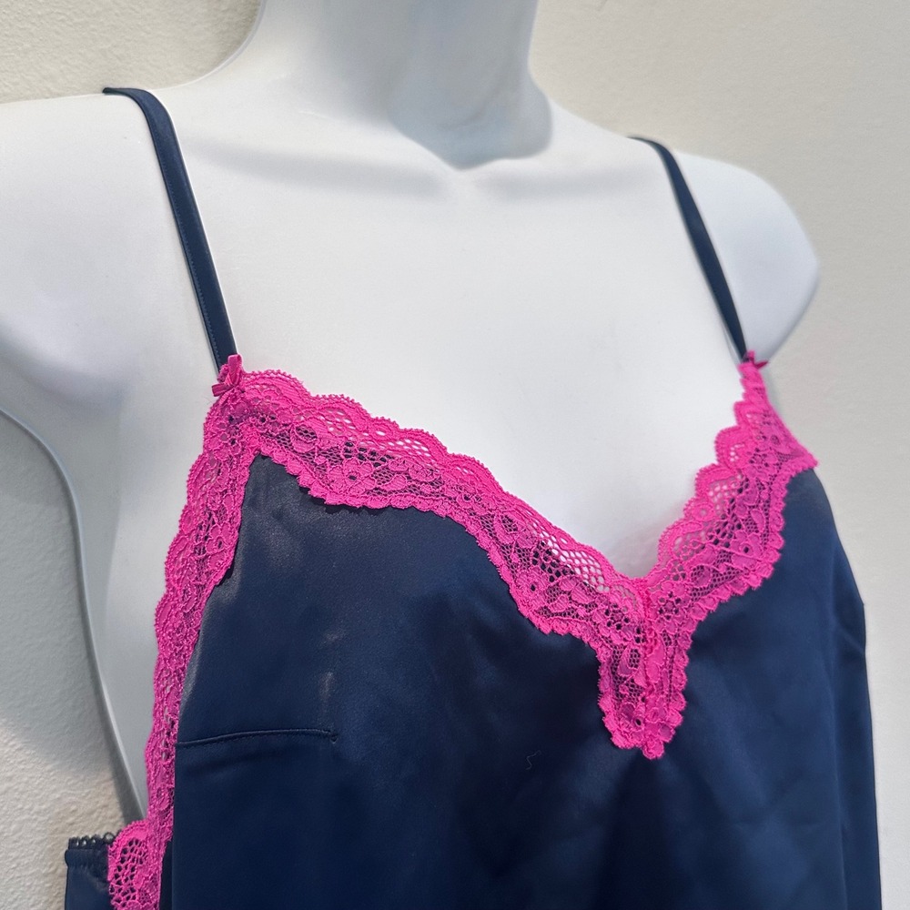 NWT Victoria's Secret Tease Navy Blue Pink Lace Trim‎ Cami Slip Dress M